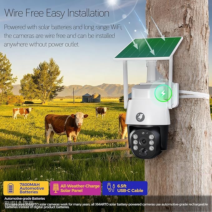 xmartO 4MP QHD Wireless PTZ Solar Security Camera Outdoor/Indoor for Homes, WiFi 6 5G Dual Band, Wire-Free Easy Installation, No Monthly Fee (Wall/Ceiling/Corner/Tree/Pole Installation, SDK4034)