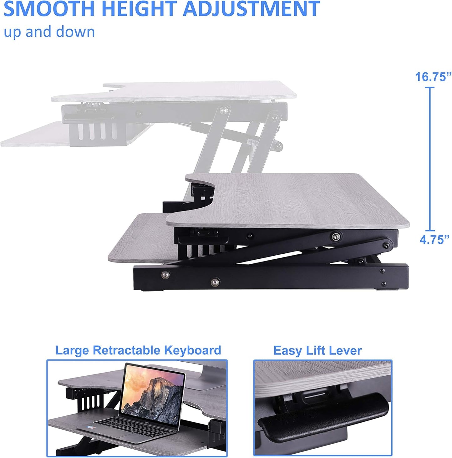 Rocelco 32" Height Adjustable Standing Desk Converter with Anti Fatigue Mat Bundle - Slide Out Retractable Keyboard Tray - Sit Stand Up Dual Monitor Riser - Computer Workstation - Gray (R ADRG-MAFM)
