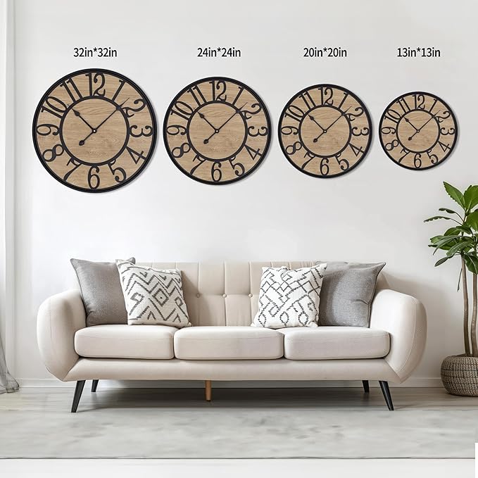 Maxstar Large Wall Clock for Living Room,Metal & Wood Silent Rustic Farmhouse with Arabic Numeral, Battery Operated Wall Clocks Decorative for Bedroom Office Home Decor 32inch Black