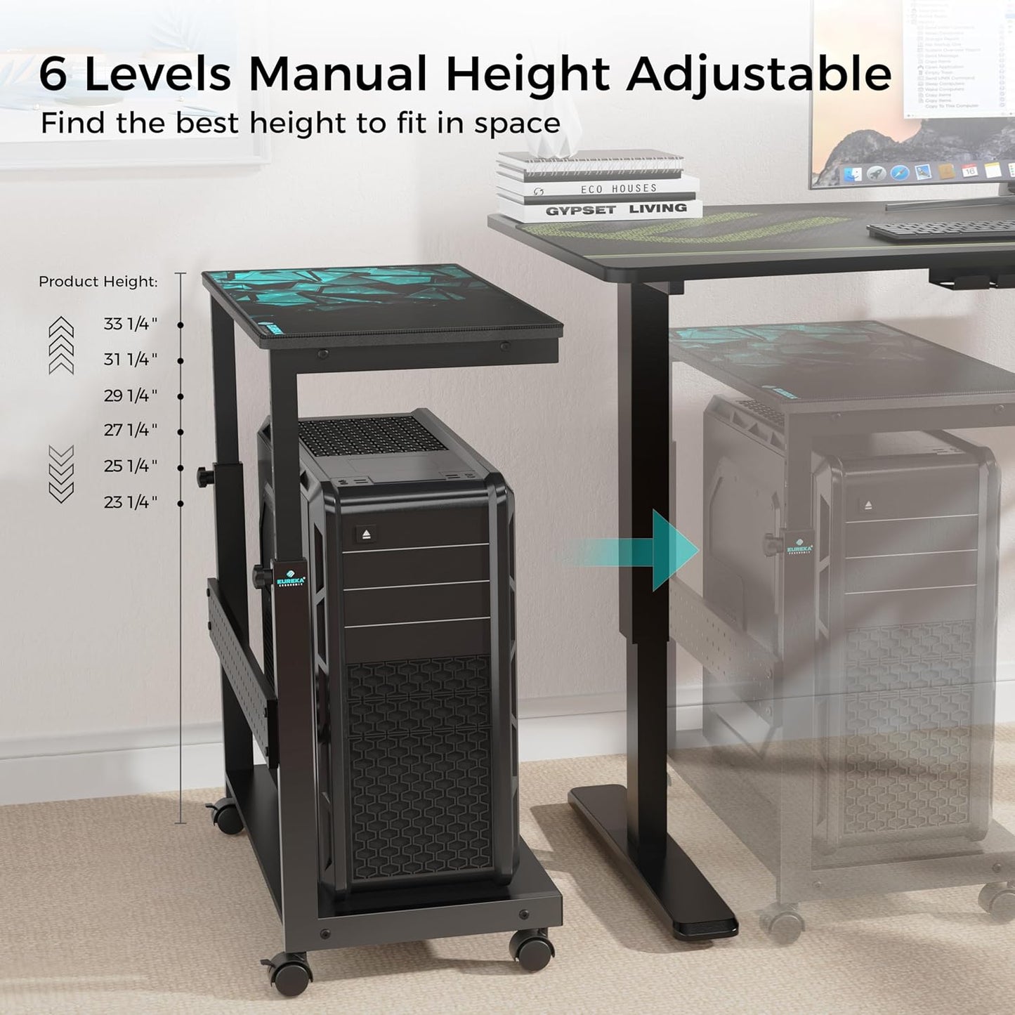 EUREKA ERGONOMIC PC Stand Computer Cart, Height Adjustable Tower Stand 2-Tier Suit for ATX Case Printer, Metal Rolling Cart on Wheels for Gaming Home Office, Black