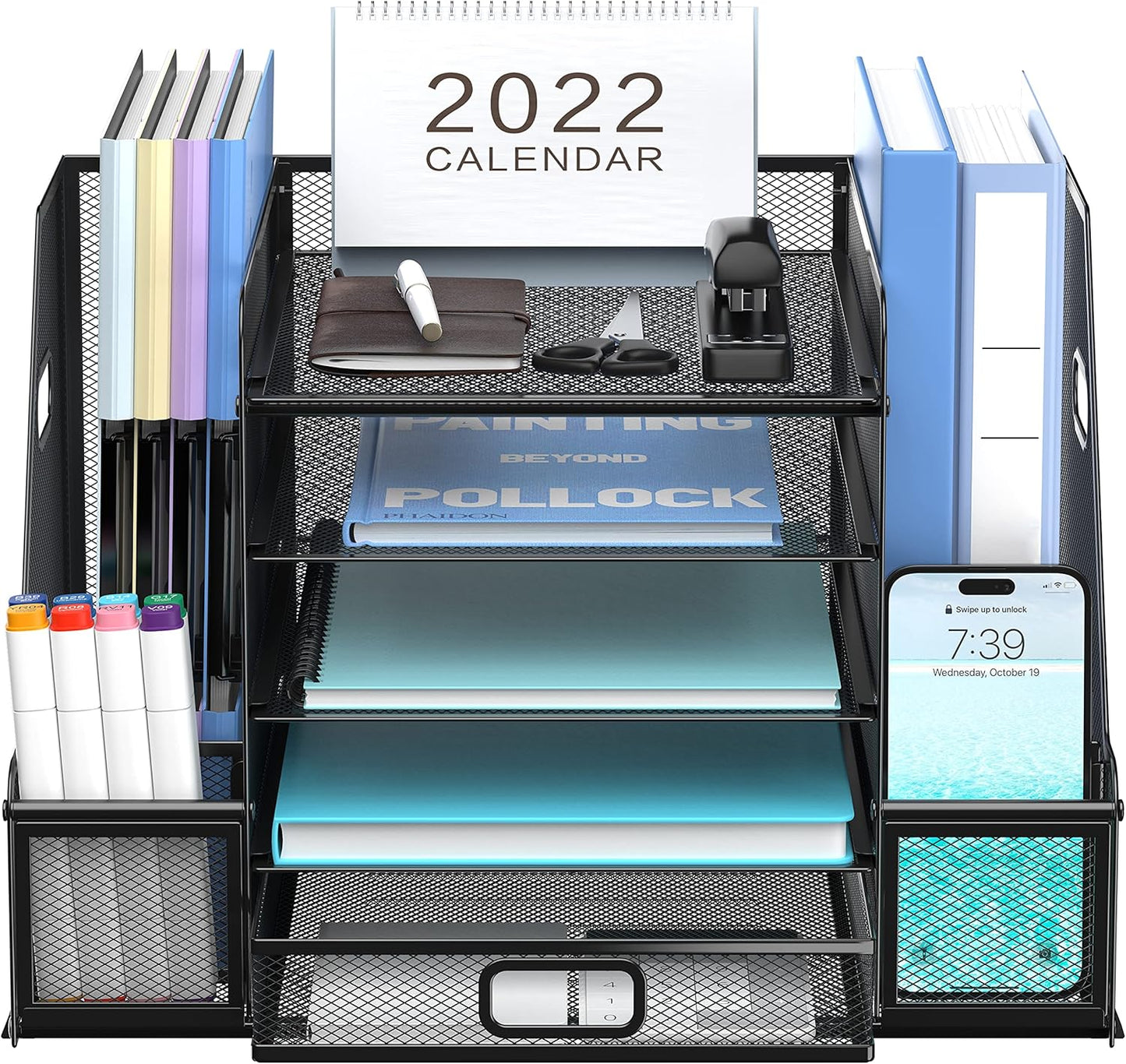 SUPEASY Mesh Desk Organizer with File Holder, 5-Tier Paper Letter Tray Organizer with Magazine Holder, Desktop Organizer and Storage with Drawer for Office Supplies Home or School, Black