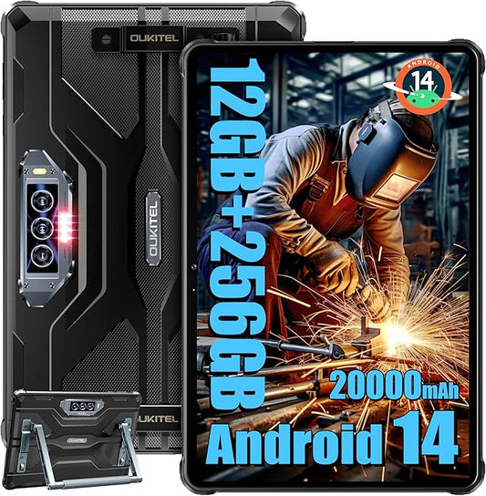 OUKITEL RT8 Android 14 Rugged Tablet - 11 inch Octa-Core MTK Helio G99 20000mAh Waterproof Tablets with Folding Stand, 12GB RAM+256GB ROM/1TB 48MP+32MP Camera Tablet PC, TÜV/IP68&IP69K/Dual SIM 4G LTE