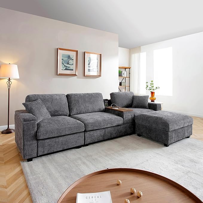 120.3" Modern L-Shaped Sectional Sofa with 360°Swivel Drop-Down Table, Storage Armrest, USB Ports & Movable Storage Ottoman – Plush Linen Cloud Couch for Lounge (Grey)