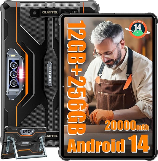 OUKITEL RT8 Android 14 Rugged Tablet - 11 inch Octa-Core MTK Helio G99 Waterproof Tablets with Folding Stand, 20000mAh 12GB RAM+256GB ROM/1TB 48MP+32MP Camera Tablet PC, IP68&IP69K/TÜV/Dual SIM 4G LTE